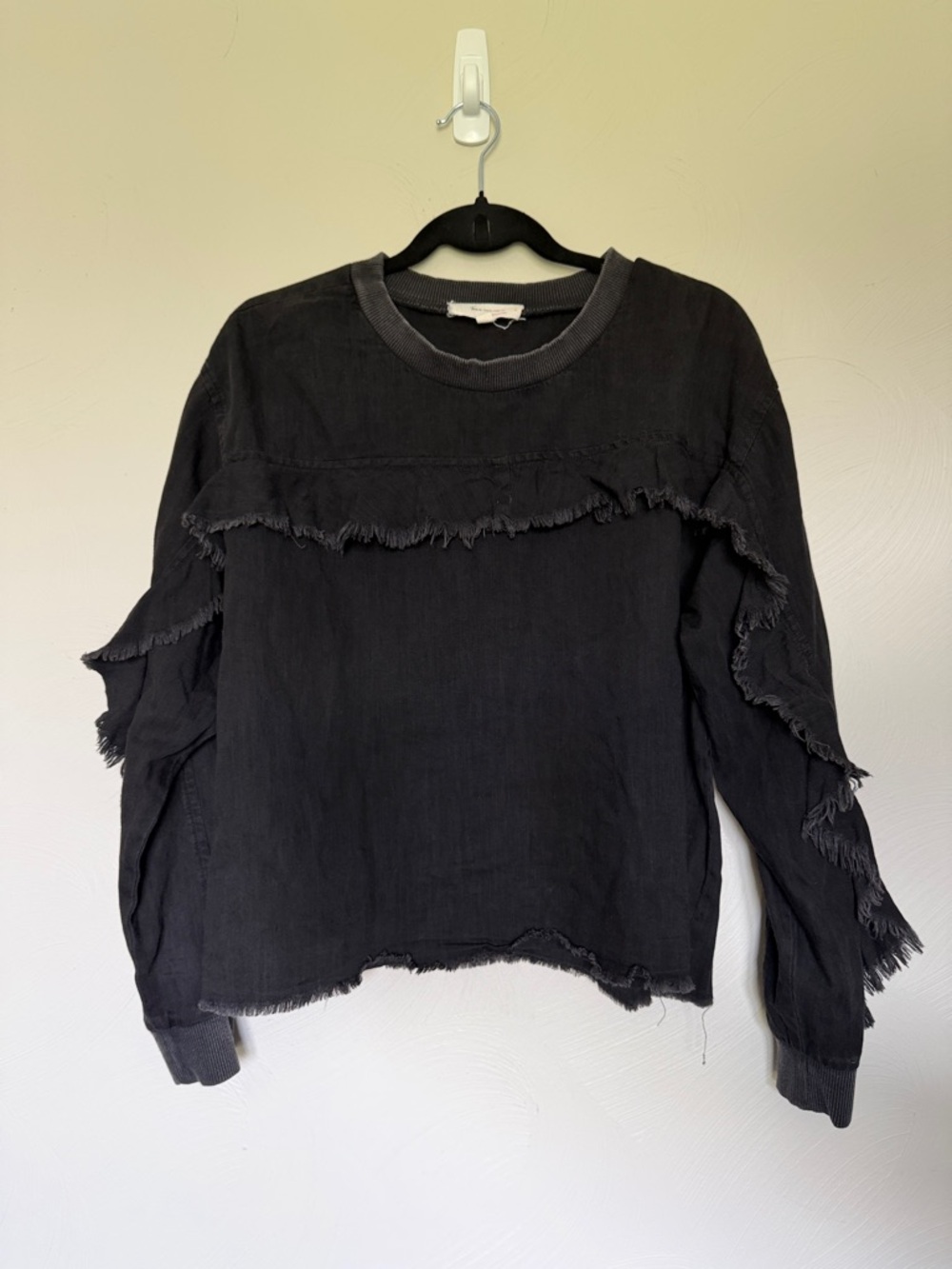 Two by Vince Camuto Black Washed Fringe Crewneck Pullover